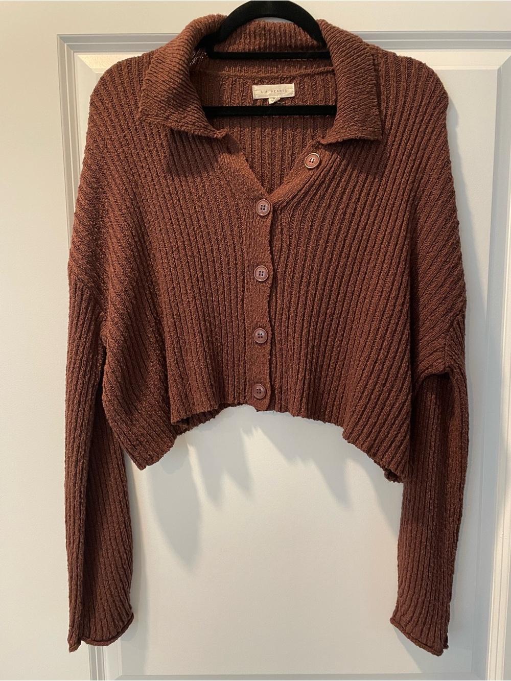 Pacsun LA Hearts Cropped Ribbed Button-Front Sweater - Chocolate Brown